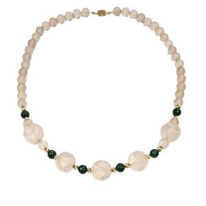 Frosted Crystal and Malachite Beaded Necklace with 14K Gold Clasp